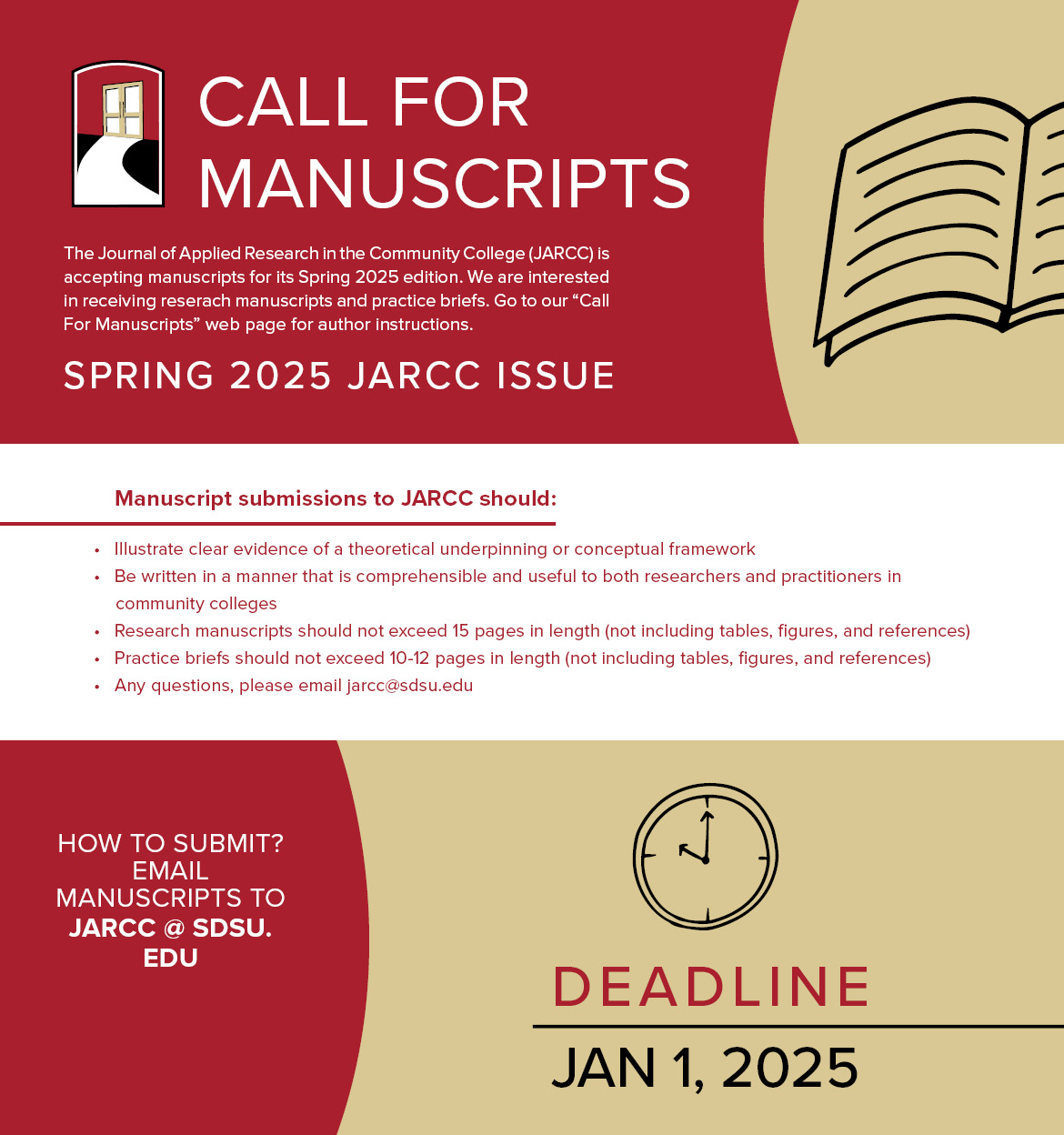 The Journal of applied research in the community college (JARCC) is accepting manuscripts for its Spring 2025 edition.